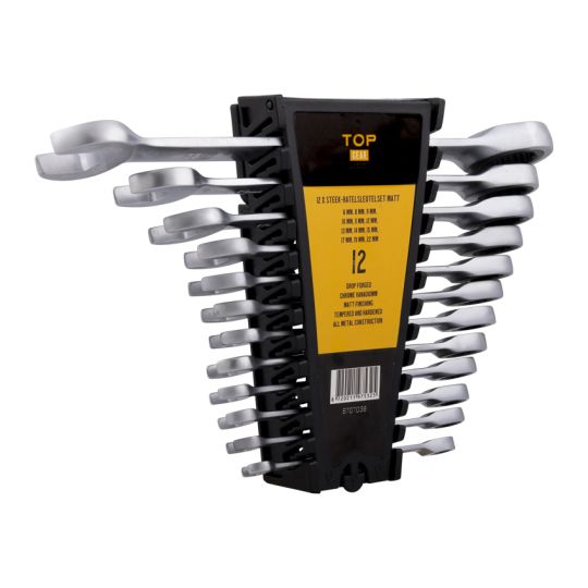 12-piece open-end ratchet wrench set in rack